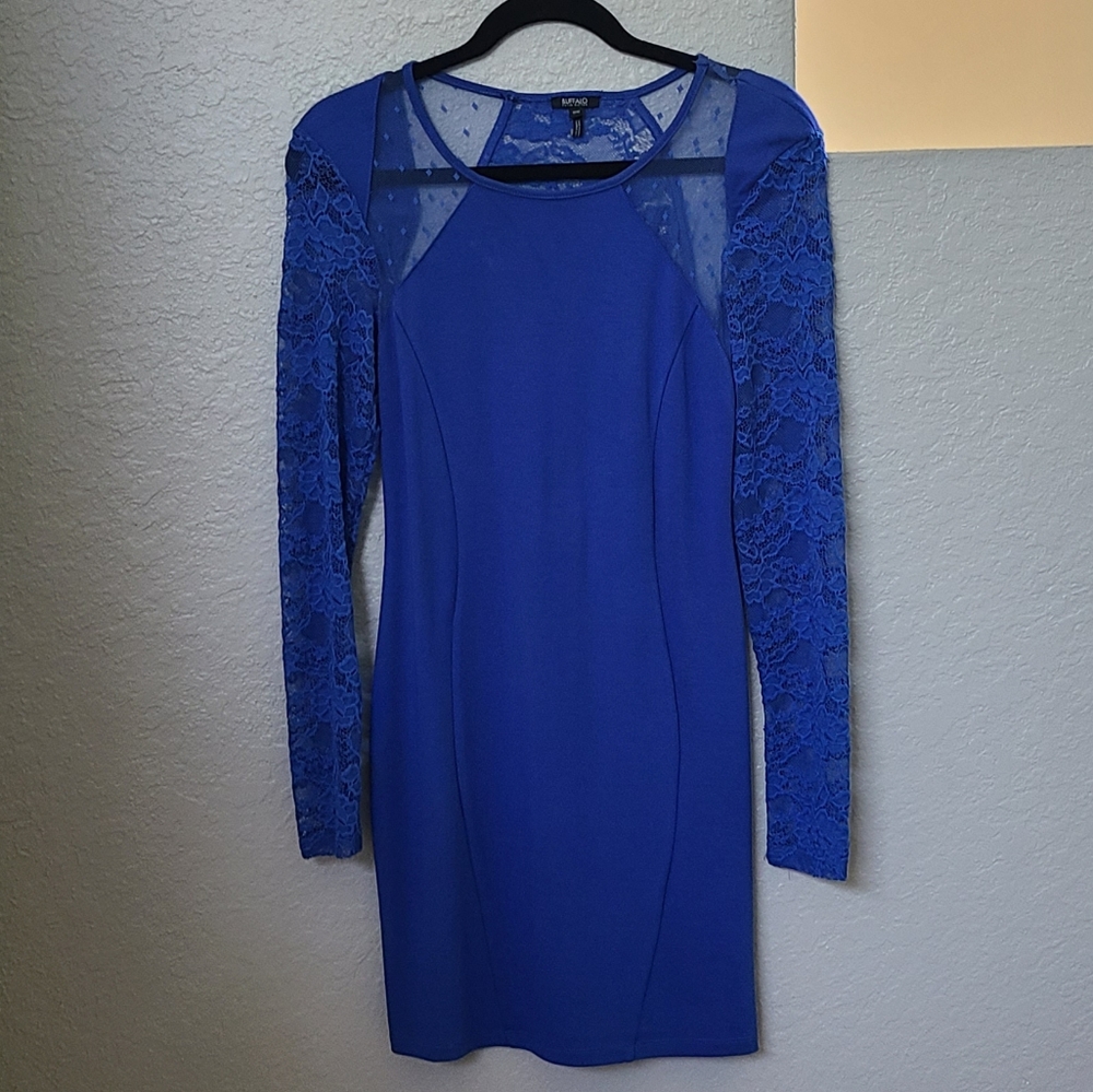 Buffalo David Bitton Royal Blue Dress Fitted Short Long Sleeve Lace size medium